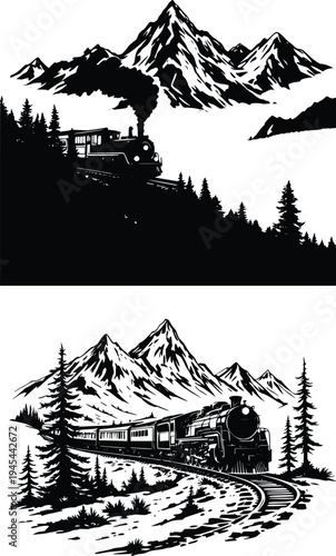 Mountain landscape with train travelling vector illustration