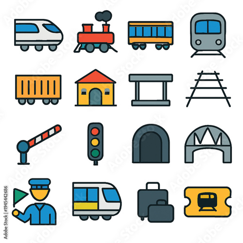 Railway Train Icon Set – 16 Transport Silhouette Vector Icons for Station and Rail Travel