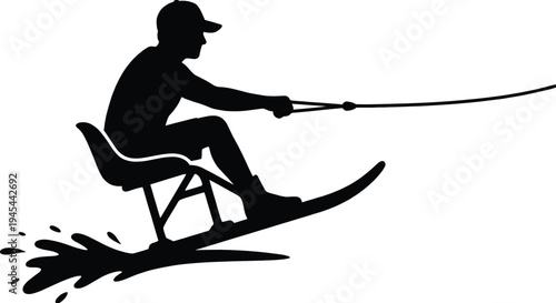 Black silhouette adaptive water skier using sit ski, athlete holding tow rope, extreme water sport vector illustration isolated