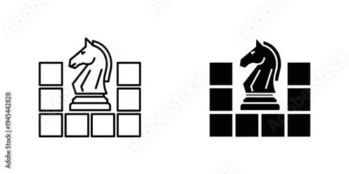 Black and white knight chess piece vector illustration on checkered board, flat design