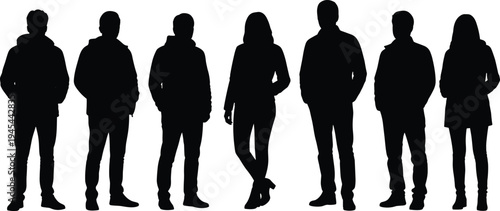 Casual standing people silhouette set, diverse men and women full body black vector illustration isolated on white background