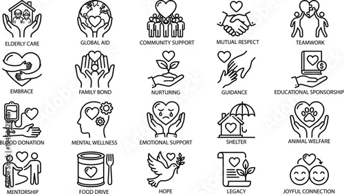 Set of charity and support icons symbolizing elderly care global aid community support mutual respect and teamwork for a good cause