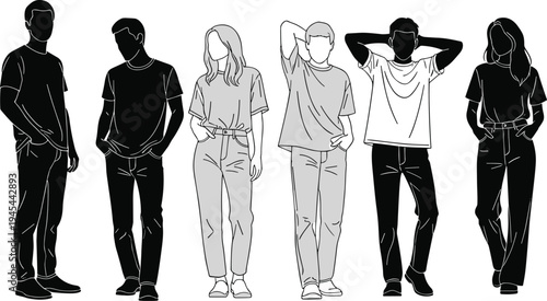 Casual young people silhouettes collection, diverse men and women in modern outfits isolated on white background illustration