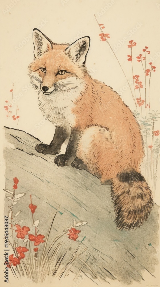 Obraz premium Japanese wood block print illustration of red fox wildlife animal mammal.