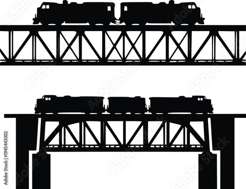 Railroad Bridge Silhouette – Train Crossing Steel Bridge Vector