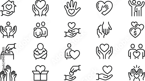 Collection of simple outline icons representing social care and community help including hands hearts and people figures for concepts