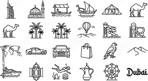 Dubai travel destination icons set including landmarks culture and activities linear vector illustration for tourism use