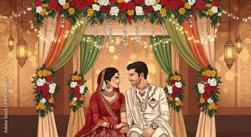 Indian bride and groom wedding ceremony under floral canopy vector illustration for traditional marriage celebration design