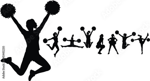 cheerleader silhouette collection, pom pom dance poses, jumping cheerleader set, female cheerleading silhouettes, energetic sport celebration, isolated black vector silhouettes