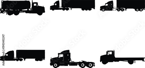Diverse black silhouette semi-trailer trucks and tractor units displayed against a clean white background, showcasing variety.