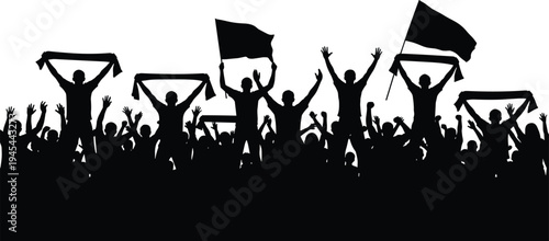 Cheering crowd silhouette, football fans with flags and scarves celebrating victory, supporter group vector illustration isolated on white