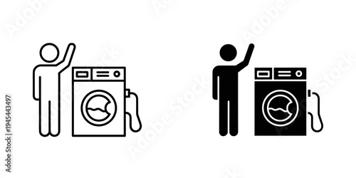 Black and white line icons of people with washing machines vector illustration