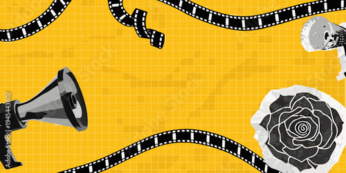Film reel megaphone rose and camera on a yellow grid background