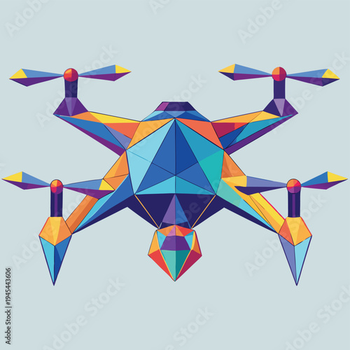 Geometric low poly drone illustration with vibrant colors representing modern aerial technology