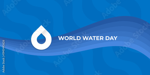 World Water Day wide banner on blue wave background. March 22 environmental awareness poster with water drop icon. Modern water day vector illustration