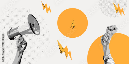 Protest imagery featuring a megaphone raised fist and abstract shapes