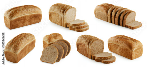 Various types of bread loaves and slices on white background