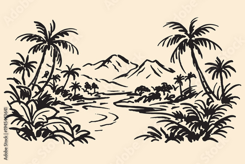 Tropical jungle landscape ink sketch vector illustration