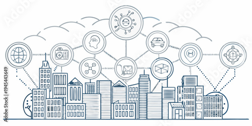 Smart city concept illustration depicting interconnected technology and urban life