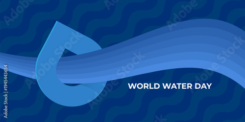 World Water Day wide banner on blue wave background. March 22 environmental awareness poster with water drop icon. Modern water day vector illustration