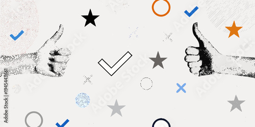 Abstract illustration featuring hands giving thumbs up and various symbols