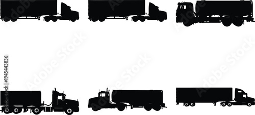 Group of black silhouette semi-trailer trucks and tractor units presented on a white background, highlighting various models.