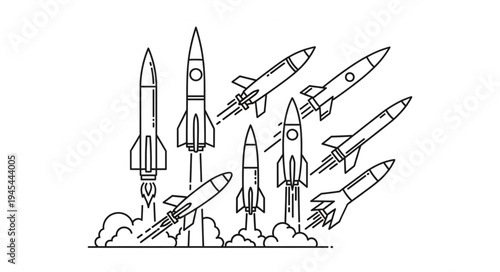 Multiple rockets launching into space with smoke trails.