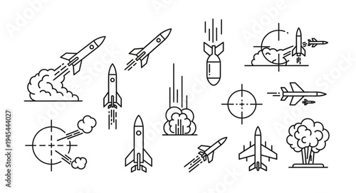 Collection of rocket and missile icons with smoke trails and explosions.