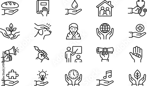 Collection of line art icons depicting various humanitarian actions and social services.