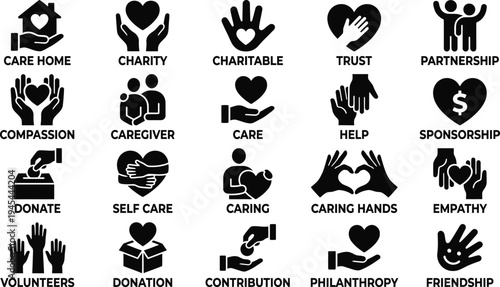 Collection of solid icons illustrating charity, care, and support activities.