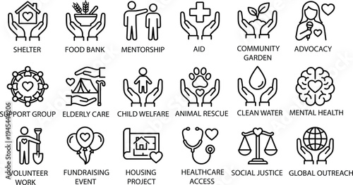 Set of icons representing diverse social services, caregiving, and community support initiatives.