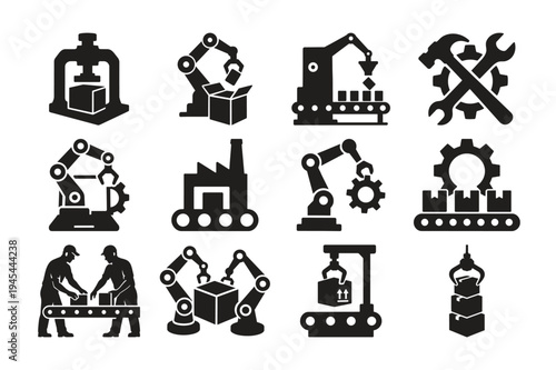 Big set of modern industrial and manufacturing process icons with automated production elements business and technology symbols