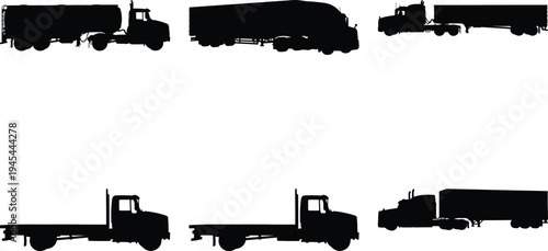 Set of diverse black silhouette vector graphics showcasing different truck types like tankers, semi-trailers, and flatbeds, isolated on white.