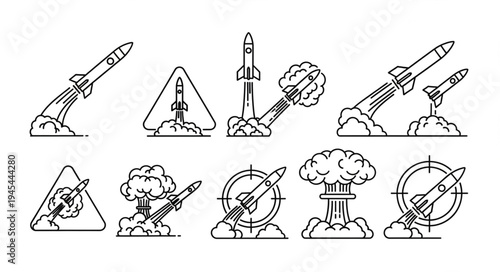 Collection of rocket launch and explosion line art icons.