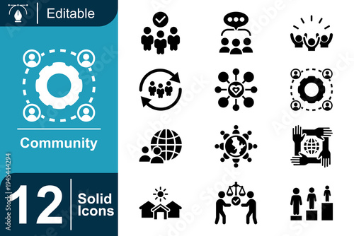 Community icon set. Social collaboration network, teamwork community connection, global people interaction, community support system, social organization and more. Solid vector icons collection.