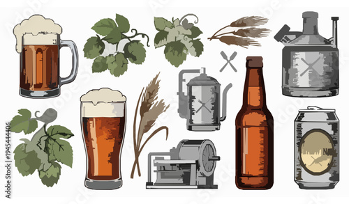 Retro brewery beer mugs bottles hops engraved vector