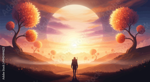 Fantasy landscape, surreal scenery, sunset, orange trees, dreamy atmosphere, scenic view