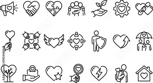 Kindness and empathy line icons set with diverse heart shapes hand gestures protective symbols and community help signs