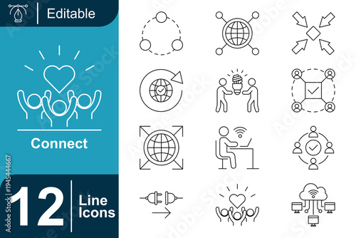Connect icon set. Digital connection network, global communication system, online collaboration, network integration, connectivity technology, data connection and more. Line vector icons collection.