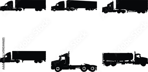 Assortment of black silhouette vector drawings depicting different trucks, including semi-trailers, flatbeds, and tankers, isolated on white.