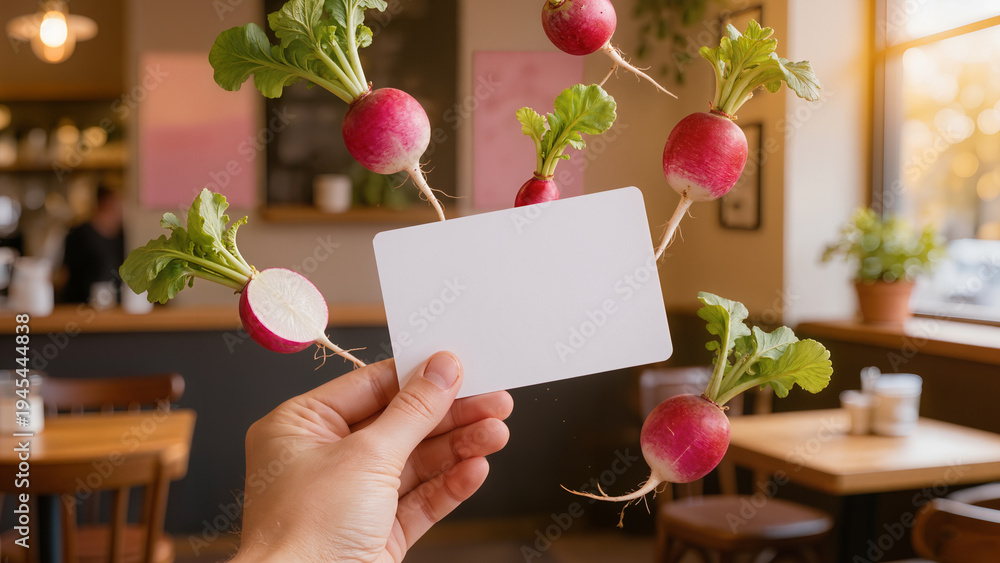 Obraz premium Fresh radishes with leaves float around a blank card held in hand in kitchen or cafe. Image suitable for banner, article, menu, advertising, flyer, web design.