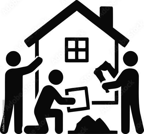 Black silhouette of people building house icon, charity work, volunteering, support community, home repair
