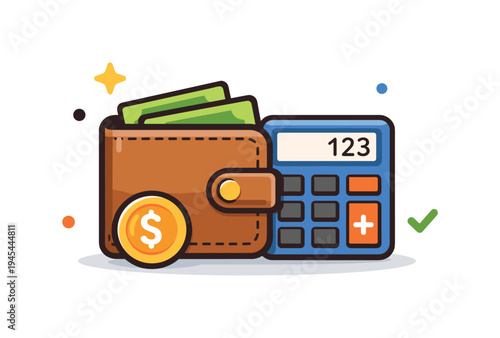 Personal financial awareness and careful budgeting habits supporting responsible everyday spending and stable money management, a small wallet paired with a calculator icon symbolizing