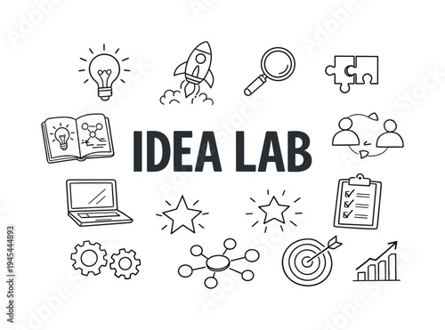 Creative innovation lab environment where designers and entrepreneurs experiment with new ideas, prototype concepts and develop future-oriented solutions. IDEA LAB central title surrounded
