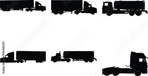 Compilation of black silhouette vector designs of various trucks, such as tankers, box trucks, and semi-trailers, isolated on a clean white background.