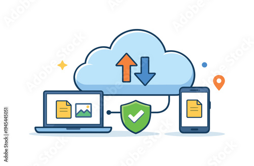 Secure cloud synchronization enabling people to access and update files safely across multiple devices and locations, a simple cloud connected to a laptop and smartphone with a small shield