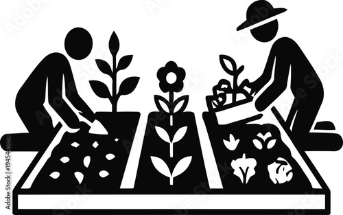 Gardening team working together in garden planting flowers and vegetables with seedlings illustration