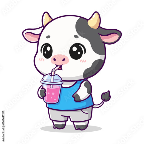 Cute Cow Drink Strawberry Smoothie with Straw Character Illustration
