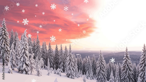 Snowy Forest with Snowflakes and Trees.