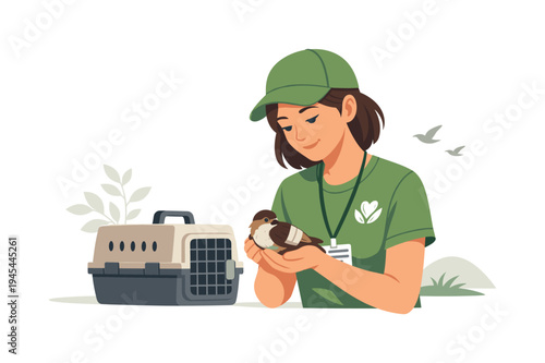 A wildlife volunteer helping rescue an injured bird in a small nature rehabilitation setting, representing compassion for animals and environmental responsibility, visual metaphor of a